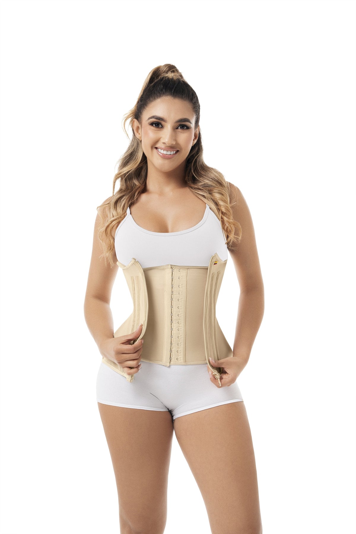 Cinturilla sin brasier beige abierta mostrando broches internos